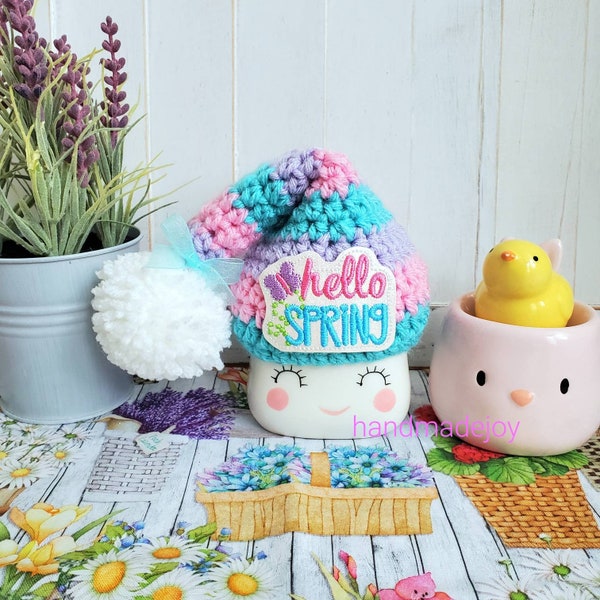 Hello Spring Marshmallow Mug Hat, Marshmallow Mug Topper, Crochet Hat, Floral Decor, Tiered Tray Decor