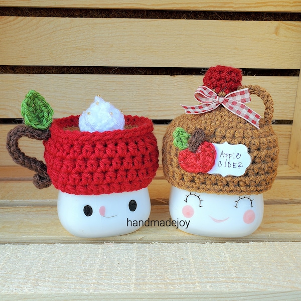 Apple Cider Marshmallow Mug Hats, Marshmallow Mug Toppers, Fall Decor, Fruit, Crochet Hat, Drink Mug Hats, Tiered Tray Decor