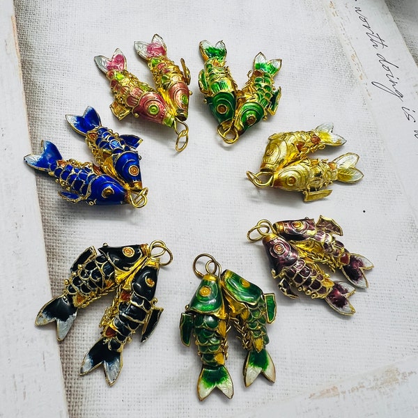 1pcs, Double, Fish, Chinese, Cloisonne, Carp, Koy, Pendants, 35mm, 25mm, Blue, Black, Goldfish, Charms