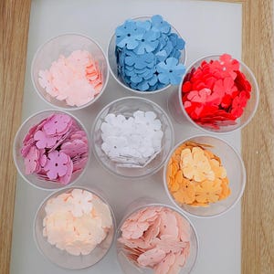 Könnte beinhalten: Eine Sammlung kleiner, blütenförmiger Konfetti in verschiedenen Farben, darunter Rosa, Blau, Rot und Orange, werden in transparenten Plastikbechern präsentiert. Das Konfetti ist auf einer weißen Oberfläche angeordnet, mit einem Holzrahmen im Hintergrund.