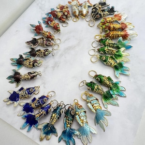 Cloisonné Koi Fish Pendant: Vintage Chinese Copper Charm, Movable Tail, 35mm