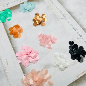 Może przedstawiać: Zestaw kolorowych cekinów w różnych kolorach, w tym różowym, brzoskwiniowym, białym, czarnym, złotym, jasnoniebieskim i zielonym. Ceketki są ułożone w rzędach na białym tle z ręcznie napisanym cytatem.