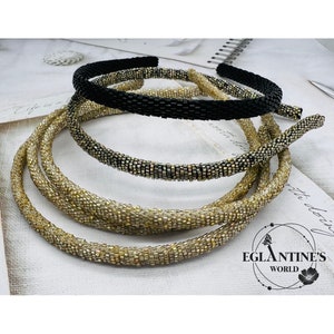 Simple casual golden and silver, black,  mix glass beads crochet headbands, handmade