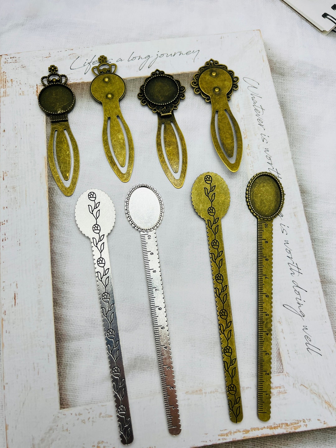 Flower Bookmark Ruler Vintage Bronze Bookmarks: Crown, Flowers, Ruler - DIY Cabochon Base - Etsy