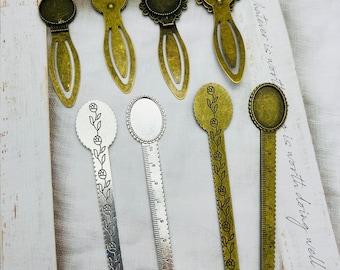Vintage Bronze Lesezeichen: Krone, Blumen, Lineal - DIY Cabochon Basis