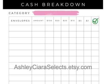 Cash Breakdown Printable/Download, Teller Slip, Instant Download, Digital Download, Editable PDF, Use on Tablet or Print