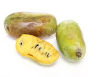 Puede incluir: Tres frutos de papaya, uno cortado por la mitad, revelando la pulpa amarilla y las semillas negras. Los frutos enteros son verdes y marrones con una textura ligeramente abultada.