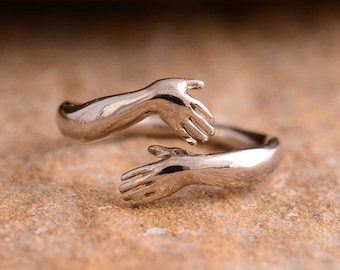 Adjustable Hug Hand Ring- 925 Sterling Silver Hug Ring- Hug Ring For Man And Women-Couple Hug Ring- Solid Silver Ring, Gift For Women-