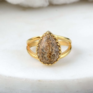 Jasper Gemstone Ring, Natural Drop Jasper Ring, Gold plated Ring, Gold Gemstone Ring, Statement Ring, Handmade Ring, Anniversary Gold Ring,