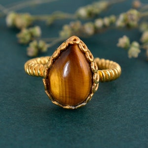 Tiger Eye Ring, Natural Tiger Eye Ring, Drop Gemstone Ring, Designer Tiger Eye Ring, Women Wedding Ring, Gold Plated Ring, Handmade Ring,
