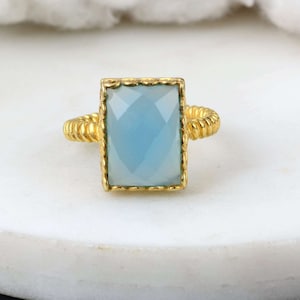 Aqua Chalcedony Ring- Natural Gemstone Ring, Gold Plated Chalcedony Ring, Women wedding, Handmade Chalcedony Ring, 925 Sterling Silver Ring,