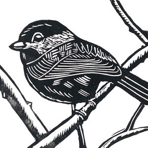 5x7 one-color Chickadee linoleum print