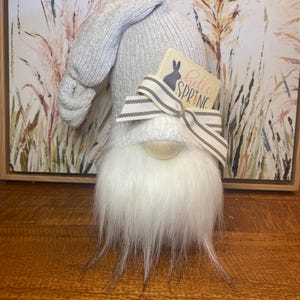 Grey Spring Gnome with Wooden Sign