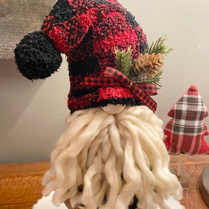 Red Buffalo Check Holiday Gnome with Wavy Beard
