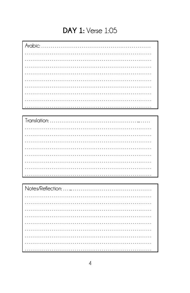May include: A printable worksheet with the text "DAY 1: Verse 1:05" at the top. The worksheet has three sections labeled "Arabic", "Translation", and "Notes/Reflection". Each section has dotted lines for writing.