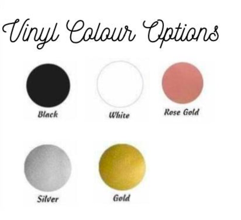 Pu&ograve; includere: Una tabella dei colori intitolata Vinyl Colour Options che mostra cinque campioni circolari. I colori sono nero, bianco, oro rosa, argento e oro, ciascuno etichettato con il nome corrispondente in testo nero sotto il cerchio.