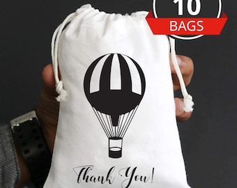 Bedanktassen voor bruiloft, feest of douche - Handgestempelde katoenen cadeauzakjes met heteluchtballon, baby- of vrijgezellenfeest, bedankje voor verjaardagsfeestje