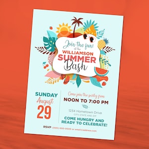 Op de afbeelding: Een kleurrijke uitnodiging voor een zomerfeest in Williamson. De uitnodiging heeft een tropisch thema met palmbomen, ananas, watermeloen en een zon. De tekst luidt "Join the fun! at the Williamson Summer Bash. Sunday August 29. Come join the party from NOON TO 7:00 PM. 1234 Hometown Drive CITY, STATE AND ZIP. COME HUNGRY AND READY TO CELEBRATE! RSVP (000) 000-0000 or email@address.com"