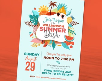 Può includere: Un invito colorato per un party estivo a Williamson. L'invito presenta un tema tropicale con palme, ananas, anguria e un sole. Il testo recita "Join the fun! at the Williamson Summer Bash. Sunday August 29. Come join the party from NOON TO 7:00 PM. 1234 Hometown Drive CITY, STATE AND ZIP. COME HUNGRY AND READY TO CELEBRATE! RSVP (000) 000-0000 or email@address.com"