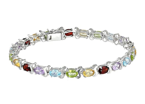 Multi gemstone Tennis Bracelet in Sterling Silver Oval Rainbow