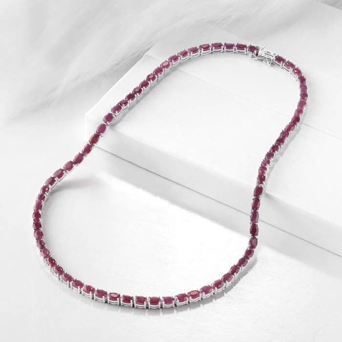 Womens Ruby Diamond Layered Tennis Necklace 18K White Gold 16.5