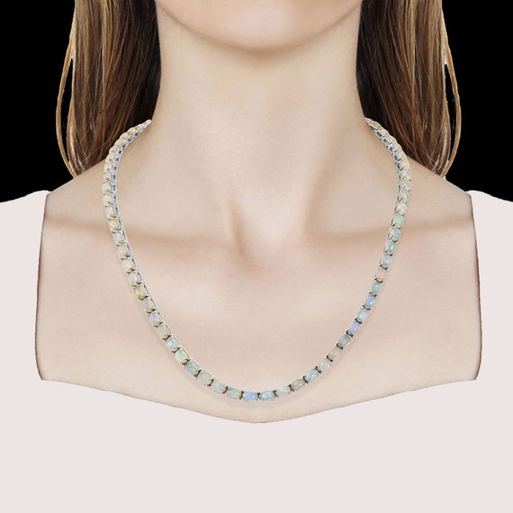 Ethiopian Opal Tennis Necklace in Platinum Over Sterling Silver