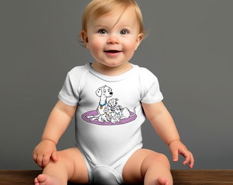 May include: A white baby onesie with a cartoon image of a Dalmatian dog and puppies. The dog is wearing a blue collar and the puppies are on a purple rug.