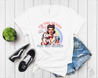 Queen of My Own World T-Shirt - Rainbow Graphic Tee - Cotton Blend Women's Shirt