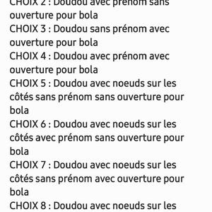 May include: A list of eight options for a baby security blanket, labeled CHOIX 1 through CHOIX 8. The text details variations including the presence or absence of a name, side knots, and an opening for a bola, all written in French.