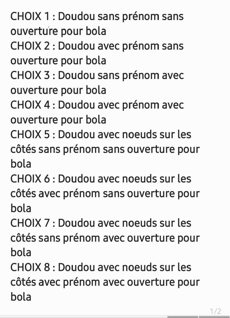 May include: A list of eight options for a baby security blanket, labeled CHOIX 1 through CHOIX 8. The text details variations including the presence or absence of a name, side knots, and an opening for a bola, all written in French.