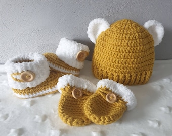 Babyslofjes muts, babyset, babymutsje, babyslofjes, babywanten, babymutsje, slofjes, kameel, geboortecadeau