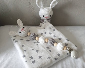 Doudou attache tétine, doudou personnalisé, cadeau naissance, doudou lapin, baby shower, naissance