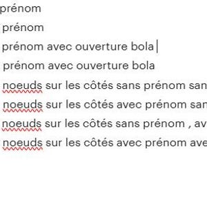 May include: A white background displays a list of eight options, each starting with "Choix" followed by a number. The text describes different variations of a product, including options with or without a name, knots, and an opening for a bola.