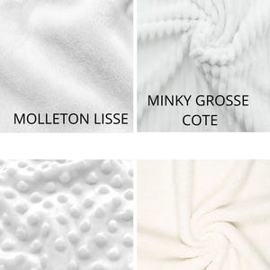 May include: A four-panel grid displaying white fabric textures labeled Molleton Lisse, Minky Grosse Cote, Minky, and Sherpa. Each section shows a distinct surface pattern including smooth fleece, ribbed fabric, raised dot texture, and plush fleece.