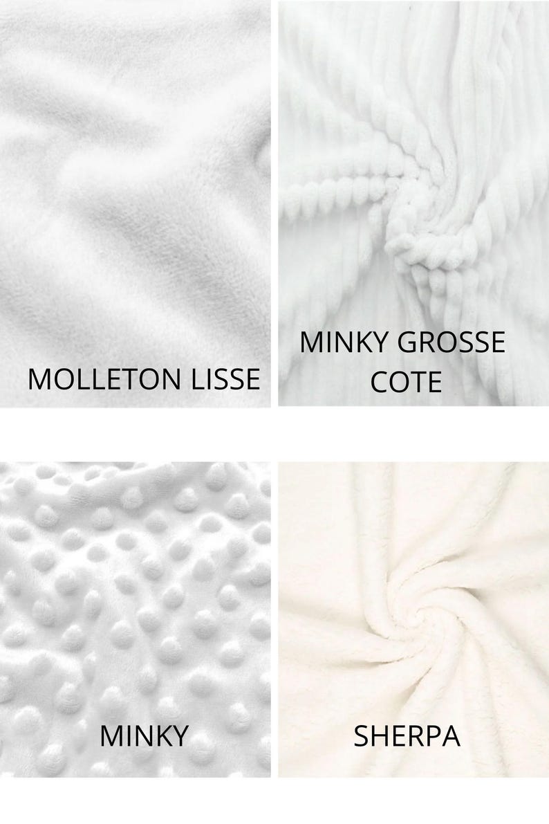 May include: A four-panel grid displaying white fabric textures labeled Molleton Lisse, Minky Grosse Cote, Minky, and Sherpa. Each section shows a distinct surface pattern including smooth fleece, ribbed fabric, raised dot texture, and plush fleece.