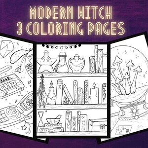 Cute Witch Coloring Pages - Witch Coloring Book - Witch Aesthetic - Adult Coloring Book - Crystal Aesthetic Coloring Pages