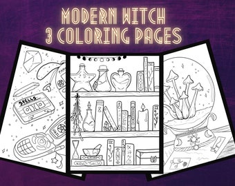 May include: Three black and white coloring pages featuring modern witch themes. The first page shows a cassette tape labeled "Spells", a crystal, a pentagram, and a cell phone. The second page shows a shelf with bottles, crystals, candles, and books. The third page shows a crystal ball with mushrooms inside.