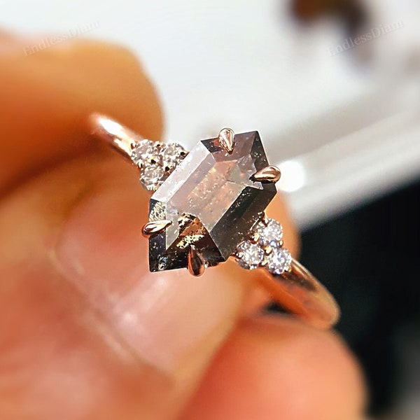 Salt and Pepper Diamond Ring, Hexagon Moissanite Engagement Ring, Vintage Solid Gold Art Deco Wedding Fashion, Anniversary Promise Gift