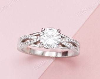 Class 1.60CTW Moissanite Engagement Ring, Split Shank Wedding Ring, Interwoven Round Diamond Promise Ring Stunning 14K Gold Anniversary Ring