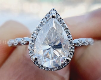 Pear Shaped Engagement Ring 2ct/ 107 Mm , Diamond Hidden Halo Ring, Rose  Cut Pear Moissanite Ring, Big Celebrity Ring. -  Denmark
