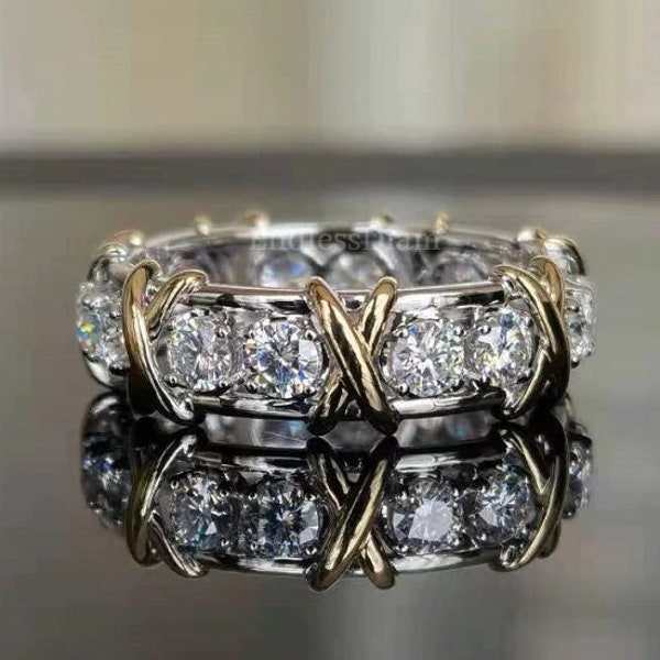 Klassischer Criss-Cross Ehering, einzigartige runde Ewigkeit Moissanit Band, volle Ewigkeit Damen Diamant Band, Jahrestagsgeschenk für Frau