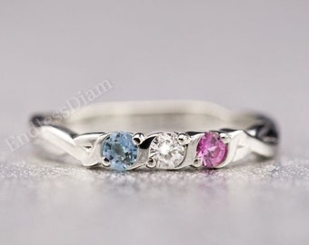 Unheated Blue Pink Sapphires Ring Family Three Birthstone Ring Infinity Twist Cross Wedding Band Woman Multistone Rainbow Anniversary Ring