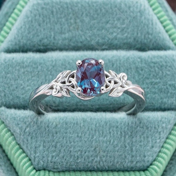 Celtic Engagement Ring, Alexandrite Solitaire Silver Ring, Dainty Engagement Ring, Alternative Engagement Ring, Anniversary Promise Ring Her