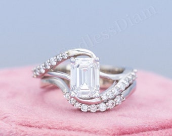 Vintage Bridal Ring Set: Swirl Emerald Cut Moissanite Engagement Ring | Unique Twisted Curved Shank 14K White Gold | Curved Band Handcrafted