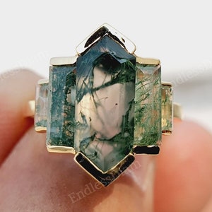 Moss Agate Diamond Engagement Ring, Vintage Hexagon Cut Bridal Ring, Unique Baguette Step Cut Jewelry, Classic Promise Gift For Women