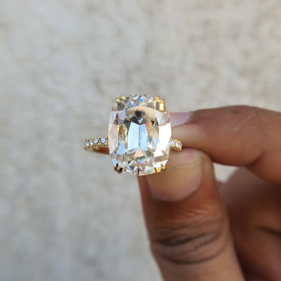 Elongated Old Mine Cushion Cut Ring Double Prong Eternity