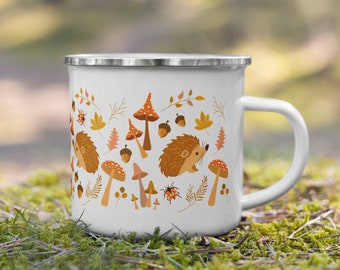 Cottagecore Enamel Camping Mug: Hedgehog & Mushroom Design
