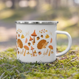 Cottagecore Enamel Camping Mug, Cute Hedgehog Mom Gift, Cottage Core Teacup Birthday Gifts, Outdoor Camp Coffee Cup, Mushroom Fairycore Tea