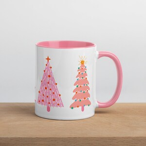 Pink Christmas Trees Holiday Mug with Color Inside | Winter Nostalgic Vintage Retro Illustrated Design | Cute Pretty Coffee Tea Lover Gift