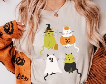 Halloween Spooky Cats T-Shirt, Funny Cat Mom Fall Gift